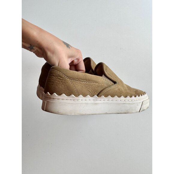 CHLOE Lauren Olive Green Nubuck Leather Scalloped Slip On Sneakers, Size 35 - Picture 4 of 16